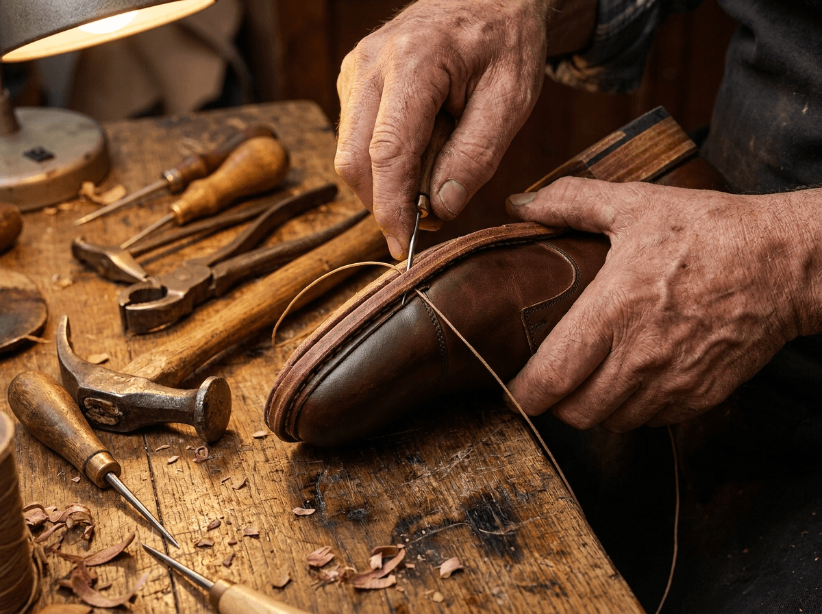 Master craftsman hand-stitching the Goodyear welt rib with awl and waxed hemp thread in Lahore atelier